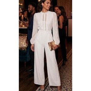 Valentine White Jumpsuit Size Medium Long Sleeve Embroidered Shimmer Boho